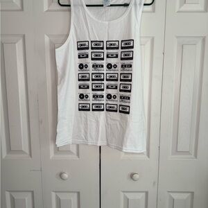 White Graphic‎ Tank Top with Cassette Print